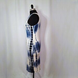 Sonice Collection Women M Sleeveless Bodycon Blue White Tie-Dye Dress Stretchy